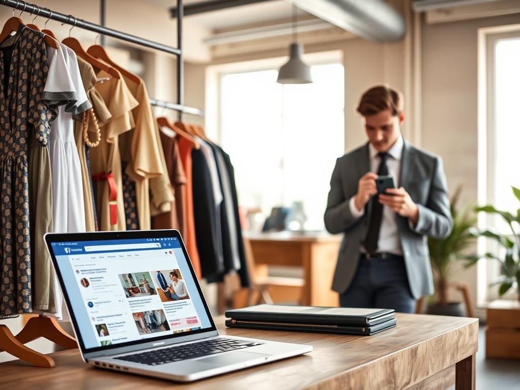 A vibrant Facebook Marketplace scene focused on clothing sales for fashion businesses. In the foreground, display a neatly arranged selection of stylish garments such as dresses, shirts, and accessories on wooden racks. Include a laptop open with the Facebook Marketplace interface visible, showcasing listings for clothing items. In the middle ground, feature a well-dressed individual, perhaps a young entrepreneur, browsing listings on their phone, dressed in professional business attire. The background should exhibit a bright, modern workspace with soft natural lighting filtering through large windows, creating an inviting atmosphere. Capture this scene from a slightly elevated angle to include the workspace details, conveying a sense of opportunity and trendiness in the fashion marketplace.
