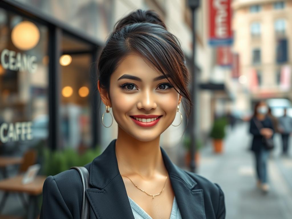 A vibrant Instagram portrait of a stylish young woman exuding beauty and confidence, captured against a soft-focus urban environment. She wears a chic, modest outfit suitable for casual or business settings, with elegant accessories that complement her look. The foreground features her smiling face, showcasing flawless skin enhanced by natural lighting that casts a warm glow. The middle ground captures her posing confidently with a subtle tilt of her head, while the background contains blurred elements of a modern cityscape, hinting at trendy cafes and stores. A shallow depth of field emphasizes her expression, creating a mood of aspiration and authenticity, reflecting the aesthetics popular among influencers. A vibrant Instagram portrait of a stylish young woman exuding beauty and confidence, captured against a soft-focus urban environment. She wears a chic, modest outfit suitable for casual or business settings, with elegant accessories that complement her look. The foreground features her smiling face, showcasing flawless skin enhanced by natural lighting that casts a warm glow. The middle ground captures her posing confidently with a subtle tilt of her head, while the background contains blurred elements of a modern cityscape, hinting at trendy cafes and stores. A shallow depth of field emphasizes her expression, creating a mood of aspiration and authenticity, reflecting the aesthetics popular among influencers.