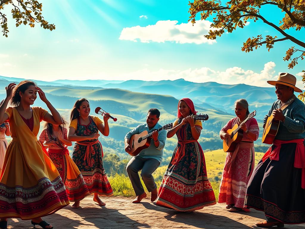 A vibrant Paraguayan folklore scene capturing "folclore espiritual." In the foreground, a group of dancers dressed in traditional, modest attire, energetically performing a lively dance, embodying joy and cultural spirit. In the middle ground, musicians play traditional instruments like the harp and guitar, focusing on their craft, with expressions of passion. The background features a lush, mystical landscape of Paraguay, with rolling hills and a clear blue sky, evoking a sense of connection to nature. Soft sunlight filters through, creating a warm and inviting atmosphere. The image should be richly colored, emphasizing the vibrancy of the folklore and the deep spiritual connection to music and tradition. The overall mood is celebratory, enchanting, and culturally rich, without any text or overlays. A vibrant Paraguayan folklore scene capturing "folclore espiritual." In the foreground, a group of dancers dressed in traditional, modest attire, energetically performing a lively dance, embodying joy and cultural spirit. In the middle ground, musicians play traditional instruments like the harp and guitar, focusing on their craft, with expressions of passion. The background features a lush, mystical landscape of Paraguay, with rolling hills and a clear blue sky, evoking a sense of connection to nature. Soft sunlight filters through, creating a warm and inviting atmosphere. The image should be richly colored, emphasizing the vibrancy of the folklore and the deep spiritual connection to music and tradition. The overall mood is celebratory, enchanting, and culturally rich, without any text or overlays.