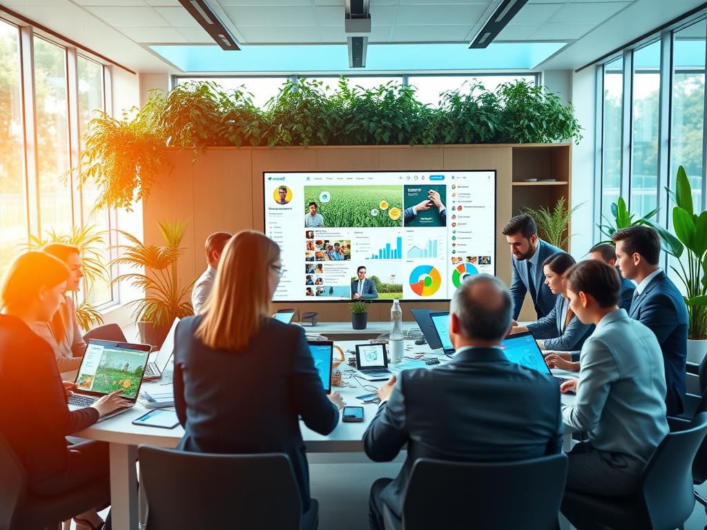 A vibrant and engaging digital workspace depicting a social media management scene for agricultural businesses. In the foreground, a diverse team of professionals, dressed in smart business attire, is collaborating around a large table cluttered with laptops, smartphones, and digital analytics screens displaying colorful graphs and metrics. In the middle, a large monitor showcases social media platforms like Instagram and Twitter, overflowing with engaging agriculture-related content. The background features large windows letting in natural light, illuminating an open office space adorned with greenery to reflect sustainability. The overall atmosphere is dynamic and focused, conveying a sense of innovation and productivity in modern agricultural management. Use soft, warm lighting to enhance the inviting mood.