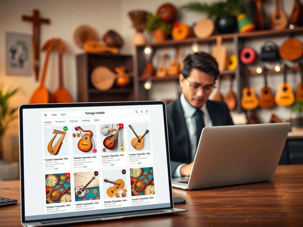 A vibrant and inviting online shopping interface for traditional Paraguayan musical instruments. In the foreground, display a well-organized grid of instruments like harps, guitars, and maracas, each with detailed descriptions and vibrant images. In the middle, a user is seen browsing the catalog on a modern laptop, dressed in professional attire, looking engaged and intrigued. The background features a warm, cozy workspace with Paraguayan decor, subtle lighting to create a welcoming atmosphere, and a soft focus on shelves filled with instruments. The overall mood is one of excitement and accessibility, highlighting the ease of online shopping for cultural items.