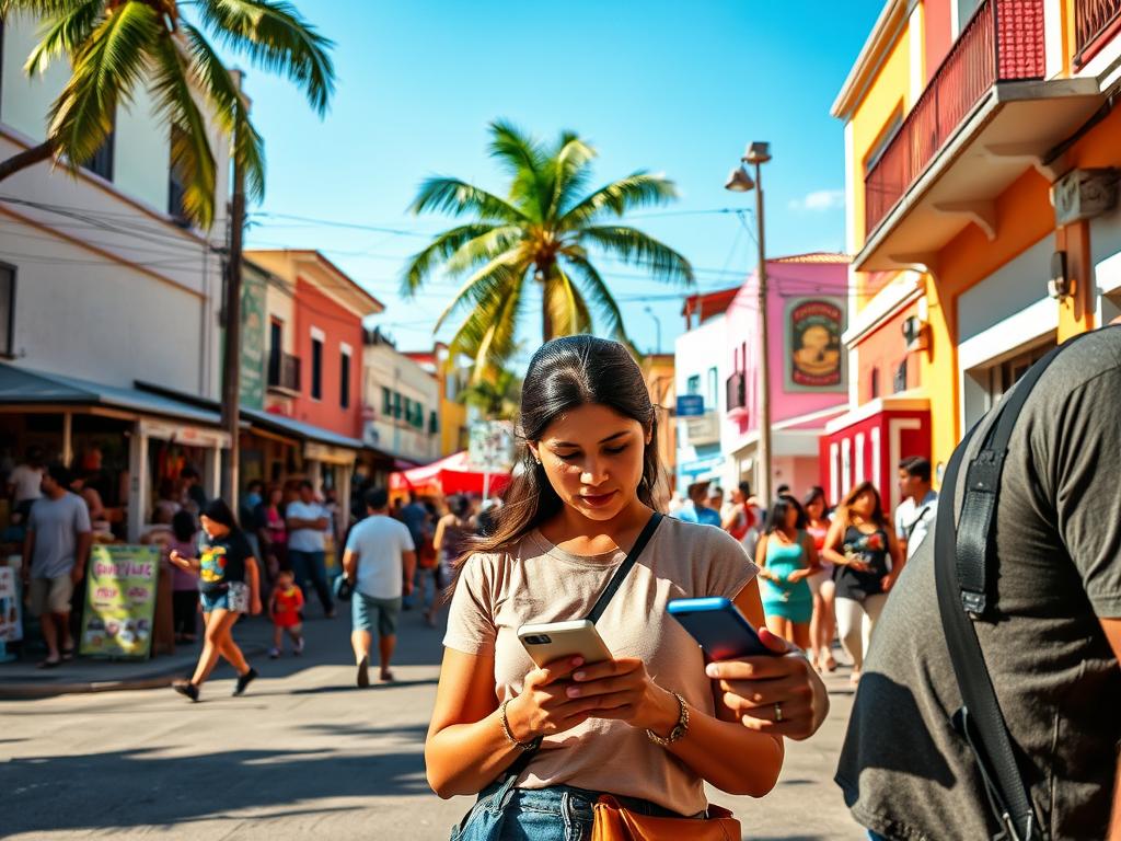 A vibrant and inviting urban scene showcasing a "zona busca" in Honduras. In the foreground, a family is using a mobile device to explore options for childcare services, with the parents dressed in modest casual clothing. In the middle, a colorful market street lined with small shops and signs is bustling with activity, featuring families and children enjoying their day. The background depicts pastel-colored buildings typical of Honduran architecture, set against a clear blue sky. Soft, natural lighting casts warm tones across the scene, creating a welcoming atmosphere. A slight depth of field emphasizes the family in the foreground while keeping the lively market scene in focus, evoking a sense of community and connection.