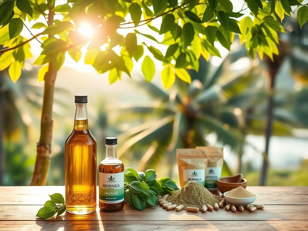 A vibrant and lush moringa tree stands in the foreground, its green leaves glistening under warm sunlight. Below the tree, a bottle of organic moringa oil captures the light, showcasing its rich golden hue. In the middle ground, a wooden table is adorned with various moringa products, including fresh leaves, powder, and capsules, emphasizing their natural origins. The background features a soft-focus tropical landscape of Honduras, with hints of coconut palms swaying gently in the breeze. The overall mood is serene and health-focused, with soft, warm lighting to evoke a sense of natural wellness. The scene is captured from a slightly elevated angle, giving a panoramic view of the products and their environment.
