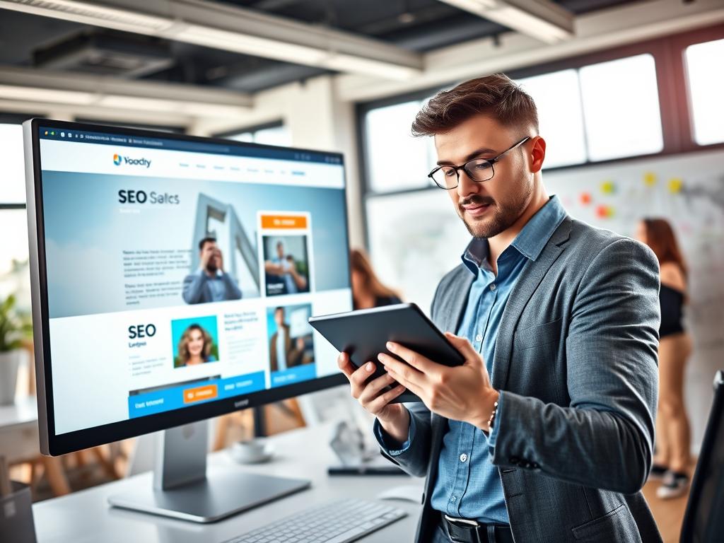 A vibrant and modern office workspace focused on web design for small and medium enterprises (SMEs), featuring a large computer screen displaying a visually appealing website layout with SEO elements highlighted strategically. In the foreground, a professional digital marketer, dressed in smart casual attire, is analyzing data on a tablet, showing a thoughtful expression. The background reveals a creative team collaborating, with design sketches on a whiteboard and colorful sticky notes scattered around. Soft, natural lighting filters through large windows, creating an inviting atmosphere. The overall mood is energetic and innovative, emphasizing the importance of SEO in effective website design. The perspective is slightly angled to capture both the workspace and the engaged professionals, conveying a sense of teamwork and creativity.