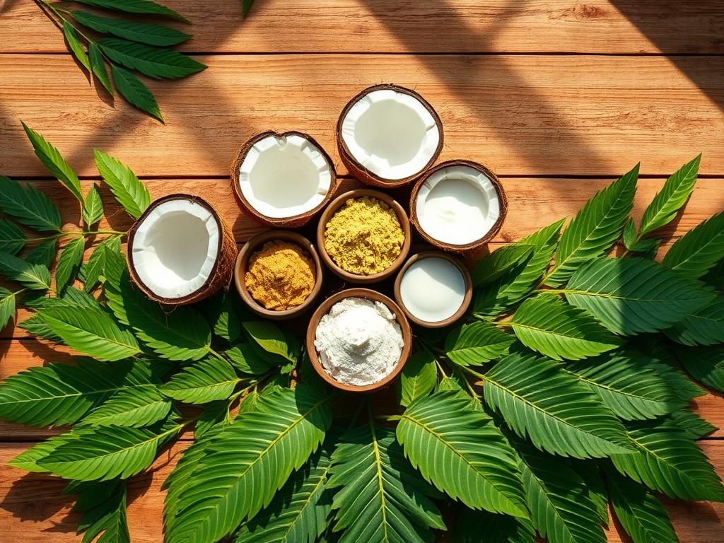 A vibrant arrangement featuring moringa leaves and coconut products. In the foreground, lush green moringa leaves are artistically scattered, showcasing their delicate serrated edges. In the middle layer, several coconut halves reveal their white, creamy interiors, surrounded by small bowls of moringa powder and coconut oil, emphasizing their culinary and health benefits. The background displays a rustic wooden surface bathed in warm, natural sunlight, enhancing the organic feel of the scene. Soft shadows cast by the leaves and coconuts create depth, while the overall atmosphere is fresh and inviting, suggesting a harmonious integration of moringa and coconut into a daily routine. The camera angle is slightly overhead, capturing the arrangement beautifully without any distractions or text.