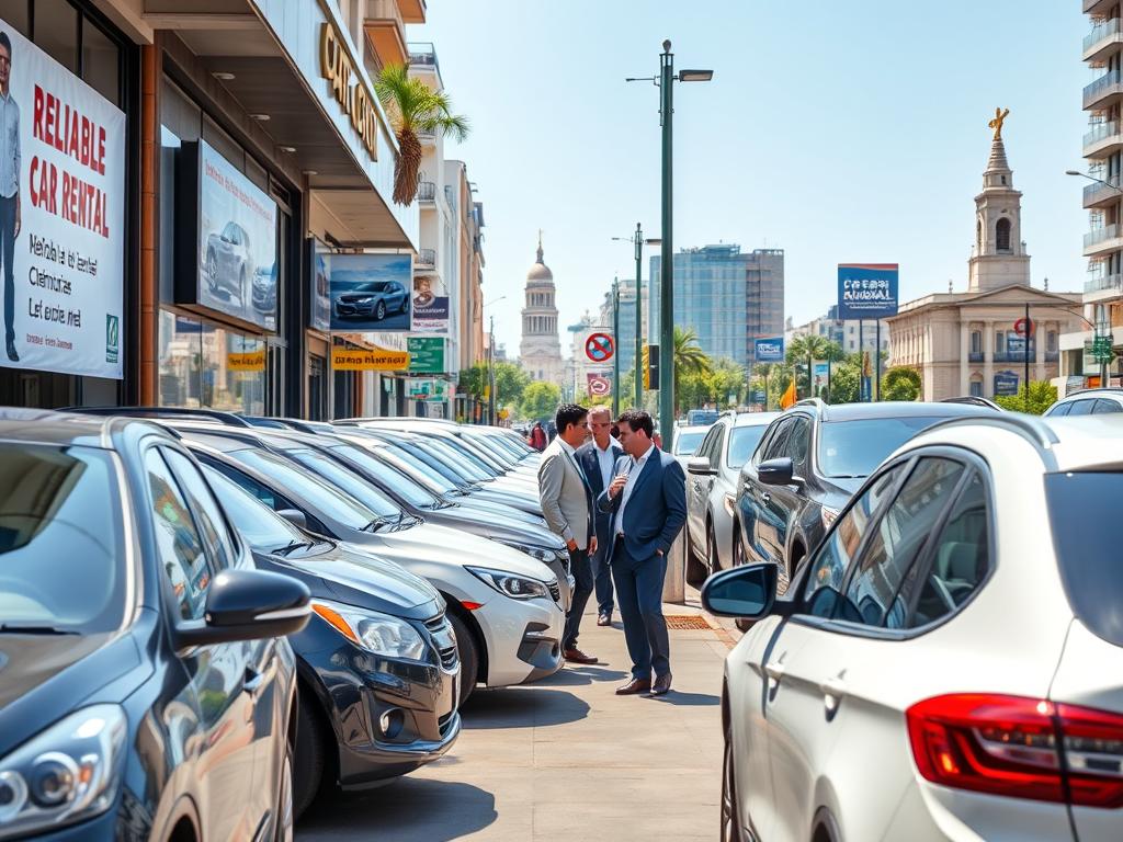A vibrant city street scene in Asunción, showcasing reliable car rental advertisements prominently displayed on storefronts. In the foreground, a variety of car models are parked on a busy sidewalk, including compact, mid-sized, and SUVs, all neatly lined up to catch the eye of potential renters. The middle ground features well-dressed individuals, illustrating professionalism and trustworthiness, discussing options with courteous rental agents. Bright, natural daylight bathes the scene, enhancing the colors of the cars and ads. In the background, recognizable Asunción landmarks frame the scene, providing context. The atmosphere is lively and welcoming, conveying a sense of opportunity and convenience for car rentals in the city. The image should be captured from a slightly elevated angle, allowing a comprehensive view of the bustling activity below.