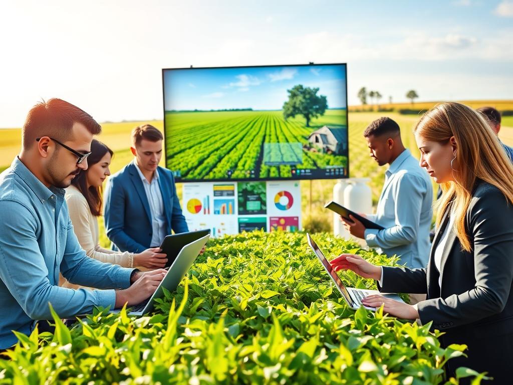A vibrant content farm scene showcasing a diverse group of professionals in business attire collaborating on agricultural content creation. In the foreground, two individuals analyze content on laptops, surrounded by colorful charts and diagrams that reflect data trends. The middle ground features a large digital screen with images of crops and farming practices, while a serene outdoor landscape with lush green fields, a few trees, and a blue sky serves as the background. Soft, natural sunlight filters through, illuminating the scene and creating a warm, productive atmosphere. A wide-angle view captures this bustling activity, emphasizing teamwork and innovation in agricultural content management.