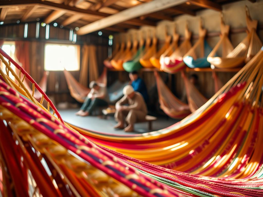 A vibrant display of handmade hammocks in a rustic workshop in Honduras, showcasing the high-quality materials used by skilled artisans. In the foreground, a close-up of colorful hammock fabric, intricately woven with natural fibers, reveals the exquisite craftsmanship. The middle ground features craftsmen at work, wearing modest clothing, meticulously creating hammocks using traditional techniques. Sunlight filters through a nearby window, casting warm, inviting light on the scene, highlighting the textures of the materials. The background displays shelves lined with finished hammocks, emphasizing the variety of designs and colors. The atmosphere is warm and welcoming, reflecting the dedication and artistry behind each piece, celebrating the rich cultural heritage of Honduran craftsmanship. A vibrant display of handmade hammocks in a rustic workshop in Honduras, showcasing the high-quality materials used by skilled artisans. In the foreground, a close-up of colorful hammock fabric, intricately woven with natural fibers, reveals the exquisite craftsmanship. The middle ground features craftsmen at work, wearing modest clothing, meticulously creating hammocks using traditional techniques. Sunlight filters through a nearby window, casting warm, inviting light on the scene, highlighting the textures of the materials. The background displays shelves lined with finished hammocks, emphasizing the variety of designs and colors. The atmosphere is warm and welcoming, reflecting the dedication and artistry behind each piece, celebrating the rich cultural heritage of Honduran craftsmanship.