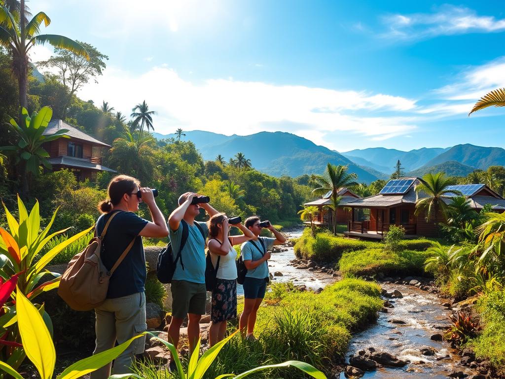 A vibrant ecotourism scene in Honduras, featuring a lush, green rainforest with diverse flora and fauna. In the foreground, a small group of diverse travelers in modest casual clothing is observing wildlife through binoculars, showcasing responsible tourism. They are surrounded by colorful tropical plants and a clear stream flowing gently beside them. In the middle ground, glimpses of eco-friendly lodges nestled harmoniously in nature can be seen, with solar panels on rooftops. The background showcases majestic mountains under a brilliant blue sky, with soft, diffused sunlight filtering through the trees, creating a warm and inviting atmosphere. This image conveys excitement and responsibility in exploring nature sustainably.