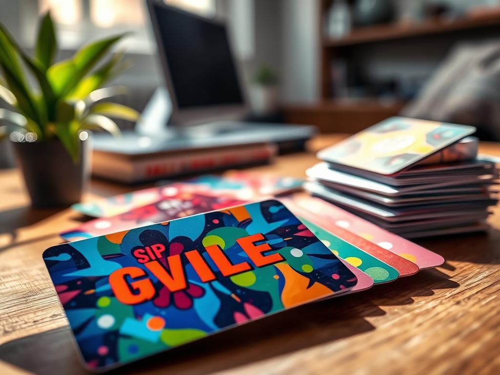 A vibrant, eye-catching image featuring a collection of colorful gift cards spread out artistically on a wooden surface. In the foreground, focus on a beautifully designed gift card that displays vibrant colors and enticing patterns, symbolizing various rewards and coupons. The middle ground includes additional gift cards scattered, with some partially stacked to create depth. Soft, natural lighting should illuminate the scene, casting gentle shadows and highlighting the textures of the cards. In the background, blur out a cozy home office setting with a hint of greenery from a nearby plant, conveying a warm and inviting atmosphere. The overall mood should inspire excitement and positivity about rewards and prizes, creating a sense of anticipation. A vibrant, eye-catching image featuring a collection of colorful gift cards spread out artistically on a wooden surface. In the foreground, focus on a beautifully designed gift card that displays vibrant colors and enticing patterns, symbolizing various rewards and coupons. The middle ground includes additional gift cards scattered, with some partially stacked to create depth. Soft, natural lighting should illuminate the scene, casting gentle shadows and highlighting the textures of the cards. In the background, blur out a cozy home office setting with a hint of greenery from a nearby plant, conveying a warm and inviting atmosphere. The overall mood should inspire excitement and positivity about rewards and prizes, creating a sense of anticipation.