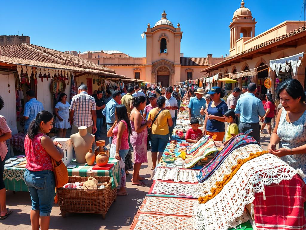 A vibrant market scene in Paraguay showcasing a lively "feria" filled with artisans selling handcrafted ñandutí lace and other local crafts. In the foreground, a vendor proudly displays intricately woven fabrics on colorful tables, surrounded by customers examining the delicate patterns. The middle ground features more stalls with various handicrafts, such as pottery and jewelry, while people engage in friendly conversations. The background reveals a sunny blue sky and traditional architecture that hints at the cultural heritage of Paraguay. Soft, warm lighting bathes the scene, creating an inviting atmosphere. The image is captured from a slightly elevated angle to provide a comprehensive view of the bustling market activity, emphasizing the community spirit and artistic richness.