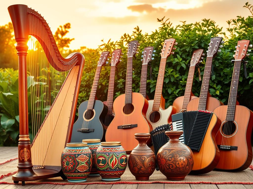 A vibrant music scene featuring traditional Paraguayan instruments. In the foreground, showcase a beautifully crafted harp and a set of colorful ceramics used as shakers, reflecting intricate designs. In the middle ground, arrange elegant guitars and accordions in an inviting display, emphasizing their wooden textures and natural finishes. The background should include lush green foliage and a warm, glowing sunset sky, conveying a sense of cultural richness and celebration. Use soft, golden lighting to create an inviting atmosphere, emphasizing the craftsmanship of the instruments. The scene should evoke a feeling of joy and heritage, inviting viewers into the world of Paraguayan music without any text or graphic elements.