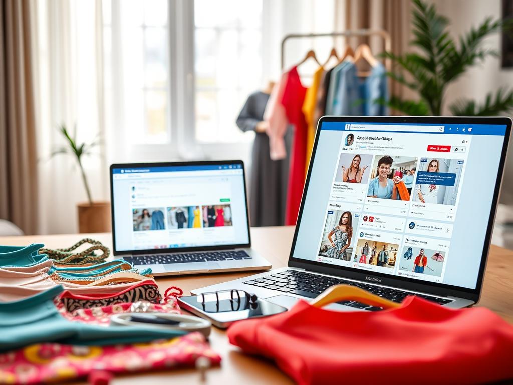 A vibrant scene depicting a Facebook Marketplace layout for selling clothing. In the foreground, a neatly arranged table showcases various colorful clothing items such as dresses, shirts, and accessories, all displayed on attractive hangers. The middle ground features a laptop, open to the Facebook Marketplace page, highlighting clothing listings with appealing visuals. A smartphone lies nearby, displaying notifications of new messages from potential buyers. In the background, a cozy, well-lit room with soft, natural light filters through a window, creating a welcoming atmosphere. A stylish plant adds a touch of greenery to enhance the mood. The overall feel is professional and inviting, capturing the essence of online clothing sales.