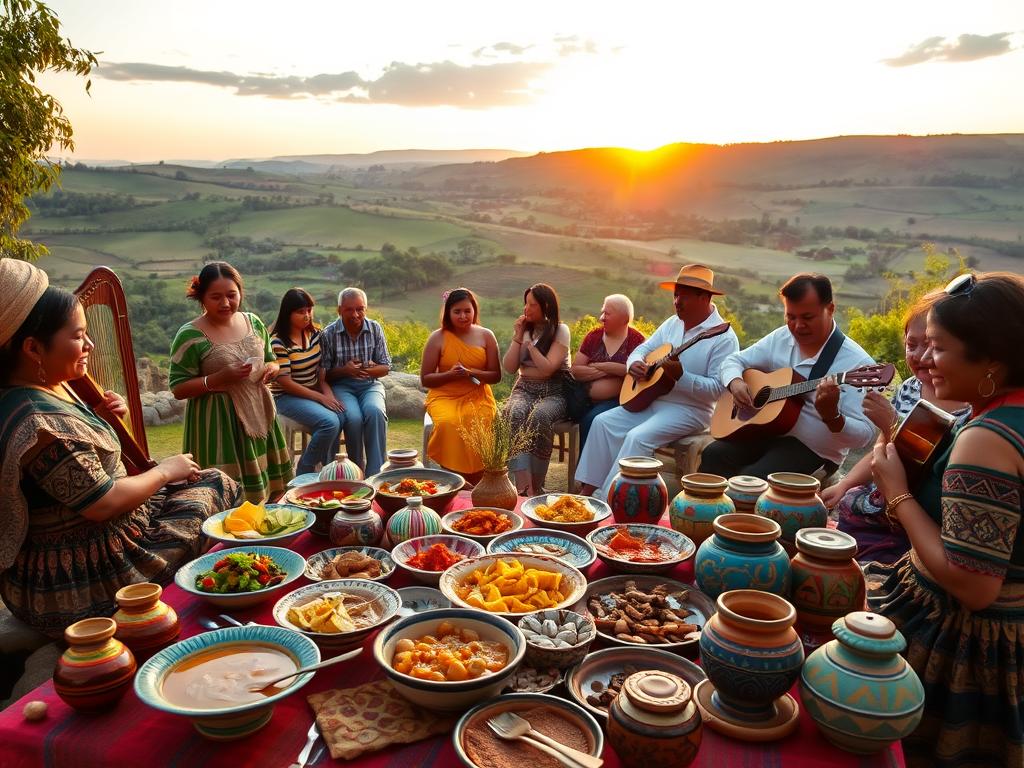 A vibrant scene depicting a traditional Paraguayan folk gathering in a lush outdoor setting. In the foreground, a table laden with an array of traditional dishes, like Sopa Paraguaya and Chipá, surrounded by colorful handcrafted pottery. In the middle ground, a group of people dressed in modest traditional attire joyfully sharing stories while accompanied by musicians playing traditional instruments like the harp and guitar. The background showcases a picturesque landscape with rolling hills and lush greenery typical of Paraguay, under a warm golden sunset that casts a soft, inviting glow over the festivities. The atmosphere is lively and celebratory, capturing the essence of Paraguayan culture through food, music, and community togetherness. A vibrant scene depicting a traditional Paraguayan folk gathering in a lush outdoor setting. In the foreground, a table laden with an array of traditional dishes, like Sopa Paraguaya and Chipá, surrounded by colorful handcrafted pottery. In the middle ground, a group of people dressed in modest traditional attire joyfully sharing stories while accompanied by musicians playing traditional instruments like the harp and guitar. The background showcases a picturesque landscape with rolling hills and lush greenery typical of Paraguay, under a warm golden sunset that casts a soft, inviting glow over the festivities. The atmosphere is lively and celebratory, capturing the essence of Paraguayan culture through food, music, and community togetherness.