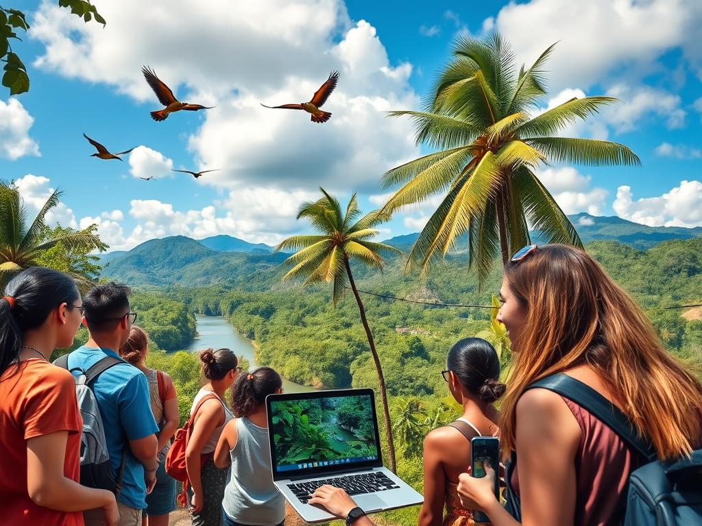 A vibrant scene showcasing a lush Honduran landscape during a live ecotourism streaming event. In the foreground, a diverse group of travelers, dressed in modest casual clothing, gather around a laptop, focused on a captivating live stream featuring local wildlife and natural beauty. The middle ground features towering tropical trees and a crystal-clear river, with colorful birds soaring overhead. The background reveals distant mountains cloaked in rich greenery, under a bright blue sky with fluffy white clouds. Soft, natural lighting bathes the scene, creating a warm and inviting atmosphere. Capture the sense of exploration and connection to nature, emphasizing the joy of learning about ecotourism via digital media.