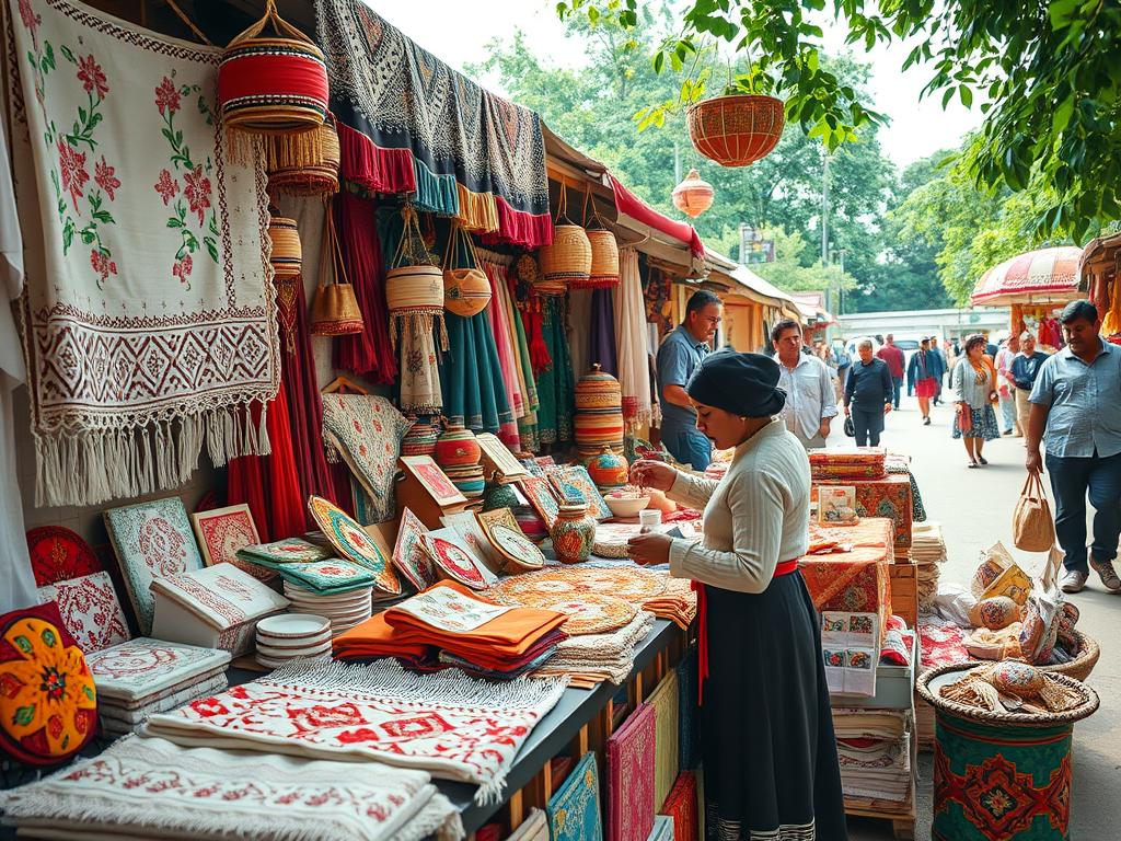 A vibrant scene showcasing a market stall filled with beautifully handcrafted ñandutí products, such as intricate lacework tablecloths, colorful embroidered garments, and decorative home accessories, shining under soft, natural lighting. In the foreground, a skilled artisan, dressed in modest, traditional attire, carefully arranges the ñandutí items, showcasing the exquisite details of the intricate patterns. The middle ground reveals various products displayed artfully, creating a sense of abundance and seasonal charm. In the background, a bustling marketplace ambiance is captured, with hints of lush greenery typical of Paraguay. The image should evoke a warm, inviting atmosphere, celebrating the artistry of Paraguayan crafts and the rich cultural heritage of ñandutí. The angle is slightly elevated, providing a clear view of both the artisan and the vibrant products on display.