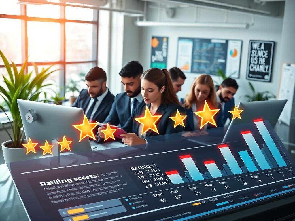 A visually appealing and informative depiction of a "rating" concept in a professional context. In the foreground, an elegant, polished digital dashboard displays various rating metrics with glowing stars and checkmarks, symbolizing success and reliability. In the middle, a diverse group of professionals in smart business attire, focused on their screens, collaboratively analyzing the ratings, showcasing teamwork and dedication. In the background, a bright, modern office space with large windows letting in soft natural light, creating a motivational atmosphere filled with plants and motivational posters. The overall mood should be one of positivity and progress, emphasizing diligence and the importance of maintaining high success rates while working in microsourcing platforms. Use a slight high angle for a comprehensive view. A visually appealing and informative depiction of a "rating" concept in a professional context. In the foreground, an elegant, polished digital dashboard displays various rating metrics with glowing stars and checkmarks, symbolizing success and reliability. In the middle, a diverse group of professionals in smart business attire, focused on their screens, collaboratively analyzing the ratings, showcasing teamwork and dedication. In the background, a bright, modern office space with large windows letting in soft natural light, creating a motivational atmosphere filled with plants and motivational posters. The overall mood should be one of positivity and progress, emphasizing diligence and the importance of maintaining high success rates while working in microsourcing platforms. Use a slight high angle for a comprehensive view.
