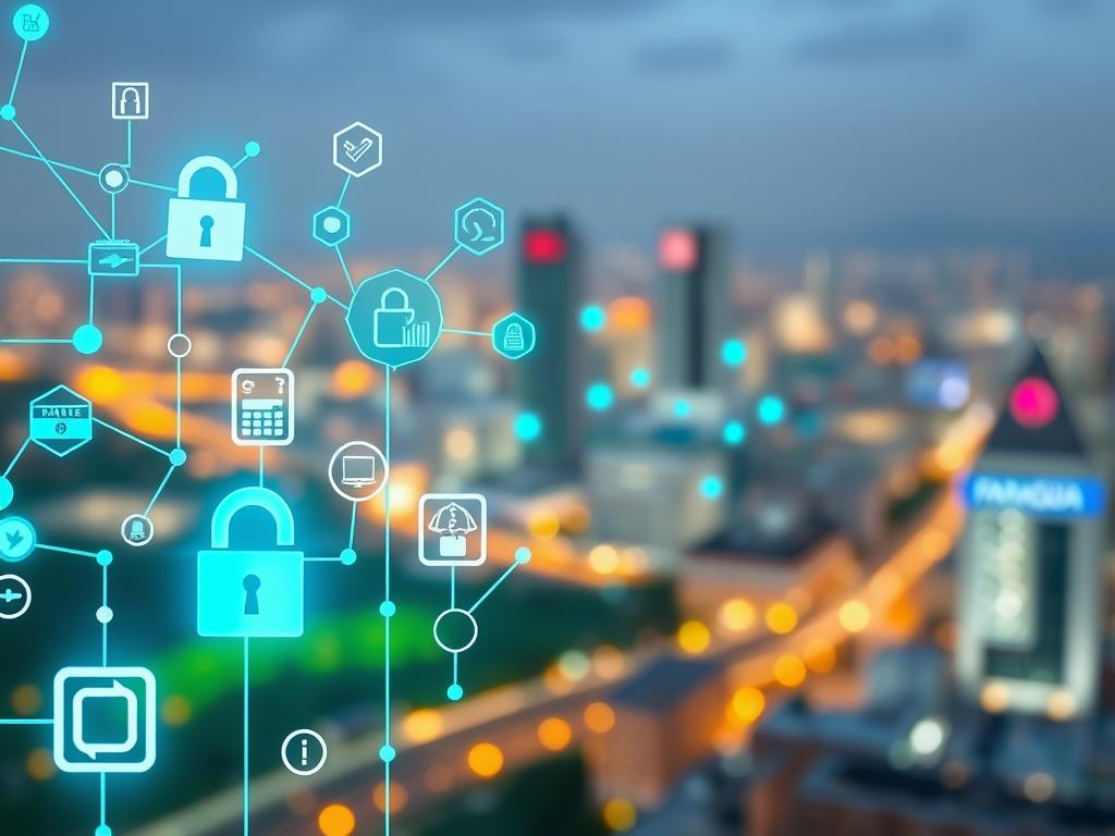 A visually engaging representation of digital data flowing in abstract forms, illuminated by soft blue and green light to convey a sense of security and privacy. In the foreground, stylized icons symbolize data encryption, secure payments, and diverse technological tools, varying in size and shape. The middle layer features interconnected nodes and circuits that illustrate a network, emphasizing collaboration among NGOs. The background is a blurred cityscape of Paraguay, hinting at connectivity in a vibrant, colorful environment. The atmosphere is professional yet welcoming, evoking trust and reliability in technology for NGOs. Use a wide-angle lens to capture depth, with focused lighting that highlights the foreground elements while providing a gentle ambient glow. A visually engaging representation of digital data flowing in abstract forms, illuminated by soft blue and green light to convey a sense of security and privacy. In the foreground, stylized icons symbolize data encryption, secure payments, and diverse technological tools, varying in size and shape. The middle layer features interconnected nodes and circuits that illustrate a network, emphasizing collaboration among NGOs. The background is a blurred cityscape of Paraguay, hinting at connectivity in a vibrant, colorful environment. The atmosphere is professional yet welcoming, evoking trust and reliability in technology for NGOs. Use a wide-angle lens to capture depth, with focused lighting that highlights the foreground elements while providing a gentle ambient glow.