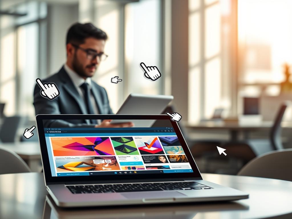 A visually engaging scene illustrating the concept of maximizing clicks on advertisements. In the foreground, a sleek laptop displays vibrant ads with colorful graphics, surrounded by floating icons symbolizing clicks, such as fingers and cursor pointers. The middle ground features a focused professional in business attire, analyzing analytics on a screen, their expression reflecting concentration and determination. The background showcases a modern office environment with soft, natural lighting filtering through large windows, casting gentle shadows. The overall mood is productive and aspirational, conveying a sense of innovation and strategy in digital advertising. The composition is well-balanced, with depth created by layering elements, ensuring a clear focus on the theme of maximizing clicks.