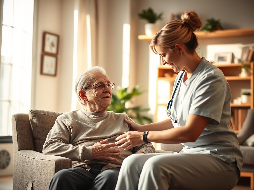 A warm and inviting scene depicting a professional in-home caregiver engaging with an elderly person in a cozy living room setting. The caregiver, dressed in modest casual attire, demonstrates compassion as they assist the elderly individual, who is seated in an armchair and appears content and comfortable. Soft, natural lighting filters through a window, creating a serene atmosphere filled with gentle shadows. In the background, elements like family photographs, houseplants, and a bookshelf convey a sense of warmth and familiarity. The angle captures a close-up view of the interaction between the caregiver and the elderly person, emphasizing connection and support, embodying the essence of daily care solutions tailored to individual needs.