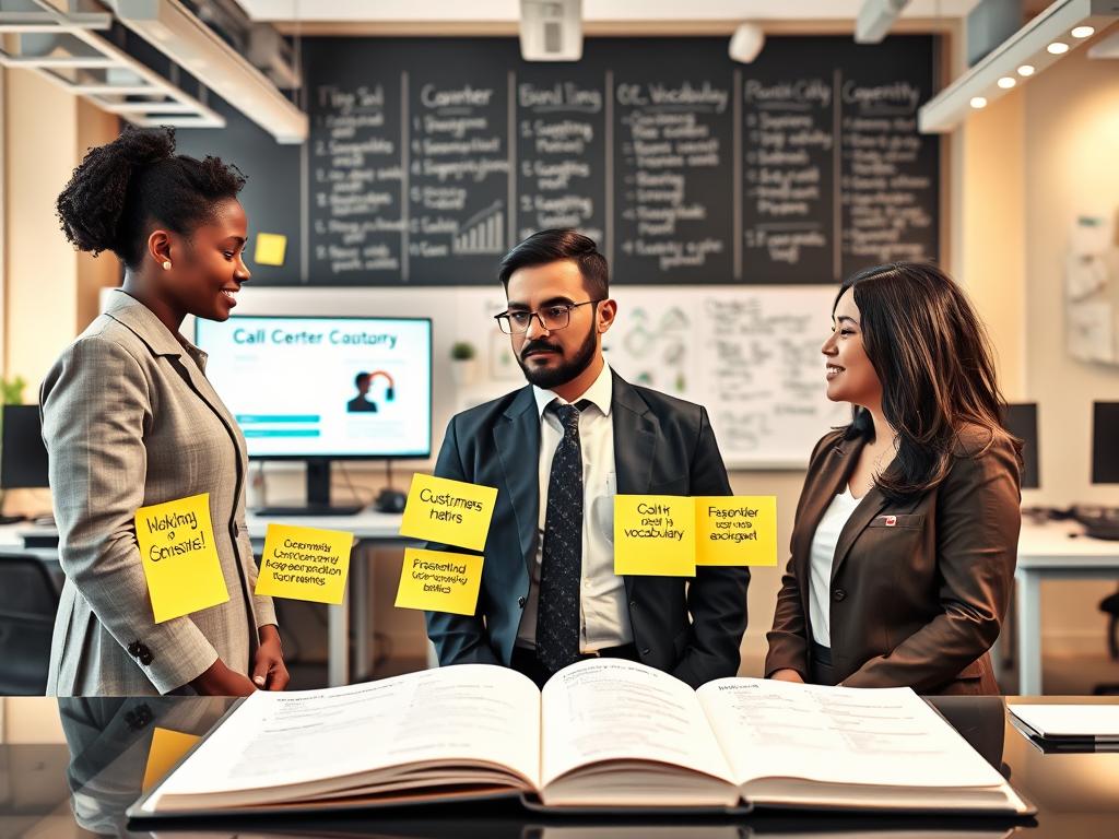 A well-organized call center workspace featuring an array of professional elements. In the foreground, a diverse group of three call center agents, one Black woman, one Hispanic man, and one Asian woman, are engaged in conversation, dressed in smart business attire. In the middle, various elements of call center vocabulary are illustrated, such as sticky notes with key phrases, a computer screen displaying customer service metrics, and an open notebook with vocabulary lists. The background shows a modern office setting with soft, warm lighting to create a welcoming atmosphere, desks arranged in an open layout, and a whiteboard filled with essential tips for effective communication in call centers. The image conveys an atmosphere of learning and collaboration.