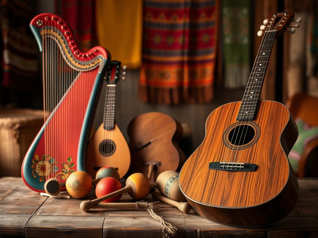 An artistic still life showcasing various traditional Paraguayan musical instruments on a rustic wooden table. In the foreground, display a vibrant harp, adorned with intricate designs, next to an elegant mandolin and a set of colorful maracas. The middle layer features a detailed close-up of a guitar crafted from rustic wood, with its strings glistening softly in the light. The background reveals a blurred view of a warm, warmly lit room with traditional Paraguayan textiles hanging on the walls, creating a cozy and inviting atmosphere. Use soft, diffused lighting to highlight the textures of the instruments, enhancing their warmth and richness. The scene should evoke a sense of cultural pride and appreciation for Paraguayan heritage, with a focus on the beauty and artistry of musical craftsmanship.