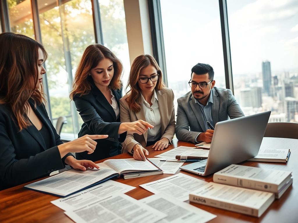 An engaging scene in a modern office environment focused on collaboration. In the foreground, a diverse group of professionals—two women and one man—are intently working on a translation project, where documents featuring Spanish and Guaraní text are spread across a table. The women, wearing smart business attire, point to a laptop screen, while the man takes notes on a notepad. In the middle, an array of notes and dictionaries about translation strategies is visible. The background features large windows with a view of a vibrant city skyline, dappled sunlight streaming through, creating an inspiring and productive atmosphere. The image conveys professionalism, teamwork, and the critical nature of language accuracy, with a warm, inviting color palette. Soft focus on the background enhances the subjects. An engaging scene in a modern office environment focused on collaboration. In the foreground, a diverse group of professionals—two women and one man—are intently working on a translation project, where documents featuring Spanish and Guaraní text are spread across a table. The women, wearing smart business attire, point to a laptop screen, while the man takes notes on a notepad. In the middle, an array of notes and dictionaries about translation strategies is visible. The background features large windows with a view of a vibrant city skyline, dappled sunlight streaming through, creating an inspiring and productive atmosphere. The image conveys professionalism, teamwork, and the critical nature of language accuracy, with a warm, inviting color palette. Soft focus on the background enhances the subjects.