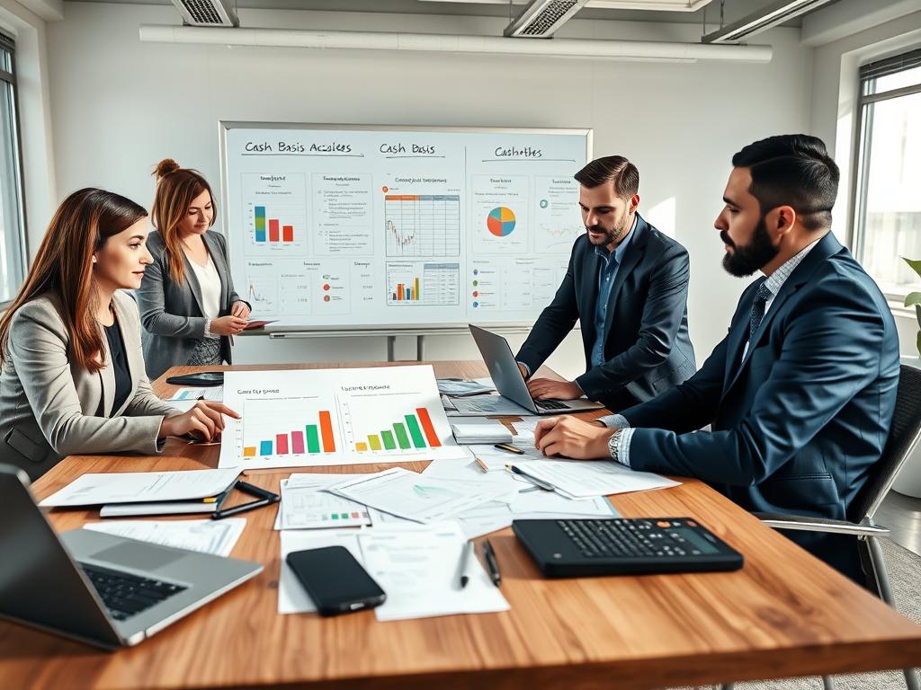 In a modern office setting, a diverse group of professionals is engaged in a dynamic discussion around a large conference table covered with financial documents, a laptop, and a calculator. In the foreground, a focused woman in business attire points at a chart illustrating income and expenses, showcasing the difference between cash basis and accrual accounting. The middle ground features two men analyzing spreadsheets on a laptop, both dressed in smart casual wear, highlighting collaboration. In the background, a large whiteboard displays colorful graphs and flowcharts, and the ambiance is well-lit with natural sunlight streaming through large windows, creating an optimistic atmosphere. The overall mood conveys professionalism and teamwork, emphasizing the critical concepts of the cash basis and accrual accounting methods, rendered in vibrant colors for clarity. In a modern office setting, a diverse group of professionals is engaged in a dynamic discussion around a large conference table covered with financial documents, a laptop, and a calculator. In the foreground, a focused woman in business attire points at a chart illustrating income and expenses, showcasing the difference between cash basis and accrual accounting. The middle ground features two men analyzing spreadsheets on a laptop, both dressed in smart casual wear, highlighting collaboration. In the background, a large whiteboard displays colorful graphs and flowcharts, and the ambiance is well-lit with natural sunlight streaming through large windows, creating an optimistic atmosphere. The overall mood conveys professionalism and teamwork, emphasizing the critical concepts of the cash basis and accrual accounting methods, rendered in vibrant colors for clarity.