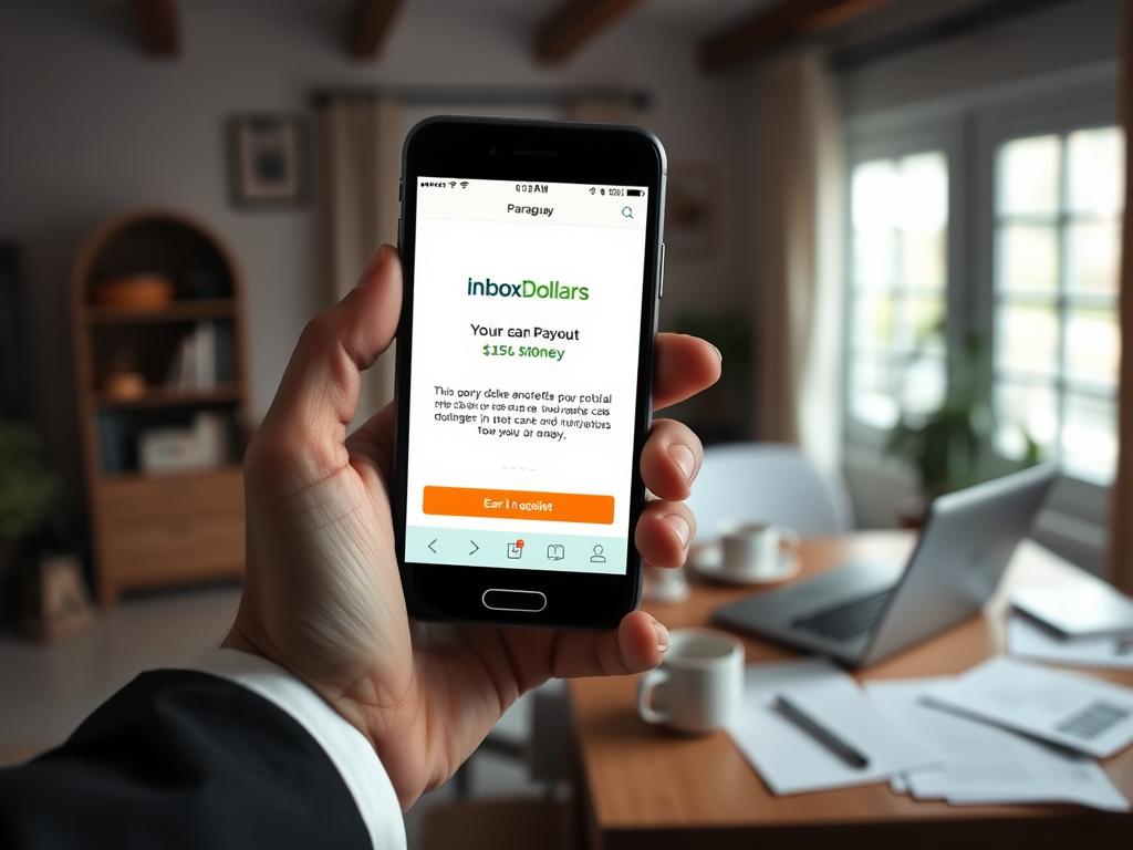 A close-up view of a hand holding a smartphone displaying a cash payout notification from InboxDollars, emphasizing the excitement of earning money. In the foreground, focus on the hand in a professional business attire, symbolizing the user engaged with the app. The middle ground shows a blurred background of a cozy home office with a laptop, coffee mug, and scattered paperwork, suggesting a productive work environment. Soft, natural light filters through a nearby window, creating a warm and inviting atmosphere. The angle is slightly tilted to capture both the smartphone and the surroundings, conveying a sense of achievement and relaxation in earning money online from Paraguay.