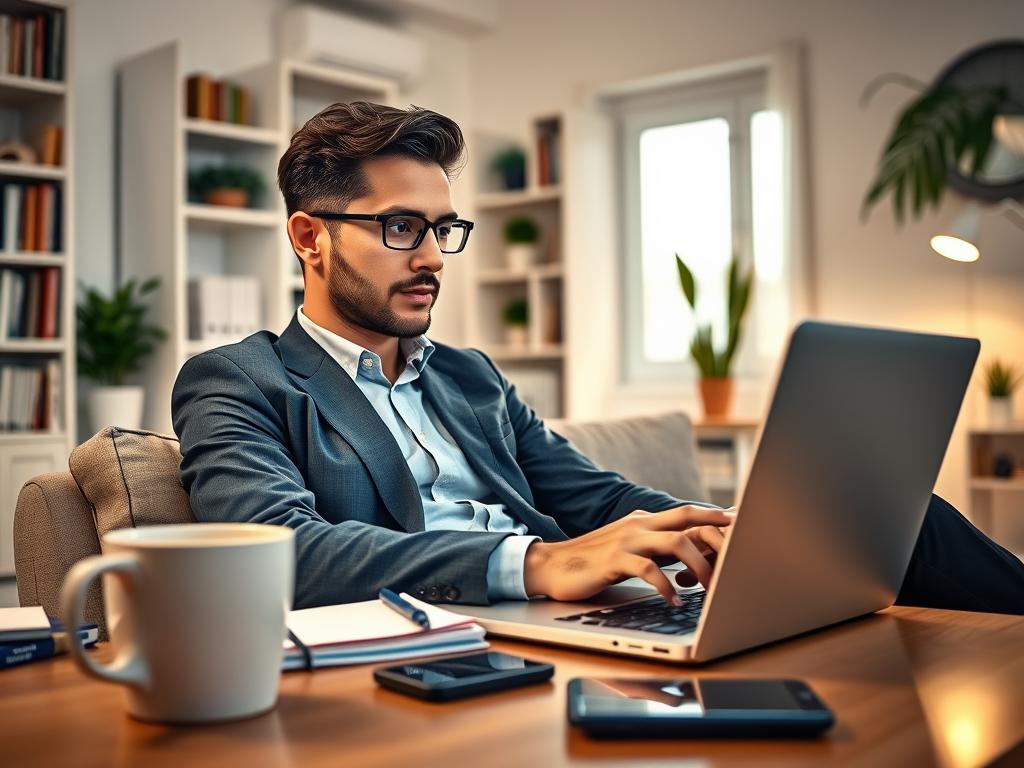 A cozy home office setting with a professional individual comfortably seated at a desk, attentively watching advertisements on a laptop screen. The foreground features a neatly organized workspace with a coffee mug, notepad, and a smartphone. In the middle ground, the glowing laptop displays colorful, engaging ads, casting a soft light on the person's focused face. The background showcases a well-lit room with bookshelves and a few potted plants, creating a warm and inviting atmosphere. The ambient lighting is bright and cheerful, enhancing a sense of productivity and motivation. The individual is dressed in professional business attire, conveying a serious yet relaxed vibe, as they actively engage with digital content to maximize their income.