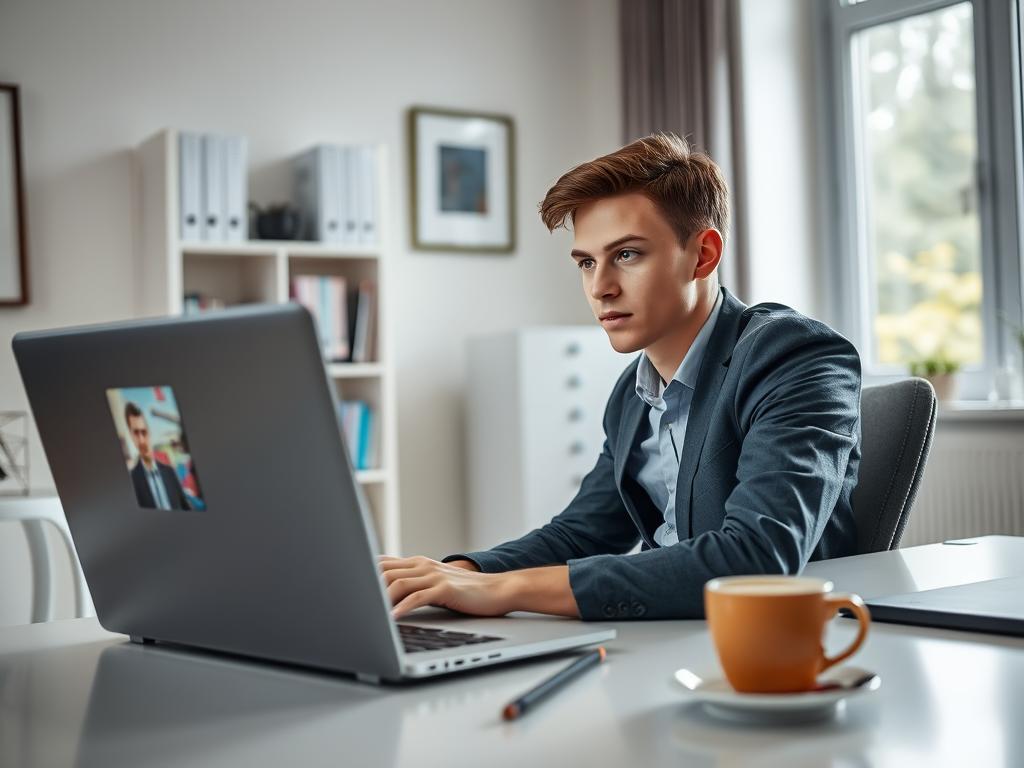 A focused scene of a young adult male in a tidy home office, comfortably seated at a sleek desk with a laptop open in front of him, engaged in watching online advertisements. The foreground features a close-up of the screen displaying colorful ad banners. In the middle ground, the individual is slightly leaning forward, showing interest, dressed in smart casual attire. Surrounding him are subtle elements like a notepad and a cup of coffee, emphasizing a productive ambiance. The background reveals a well-organized bookshelf and a window letting in natural light to enhance the inviting atmosphere. The overall mood is professional yet relaxed, conveying the concept of making money by engaging with digital ads.
