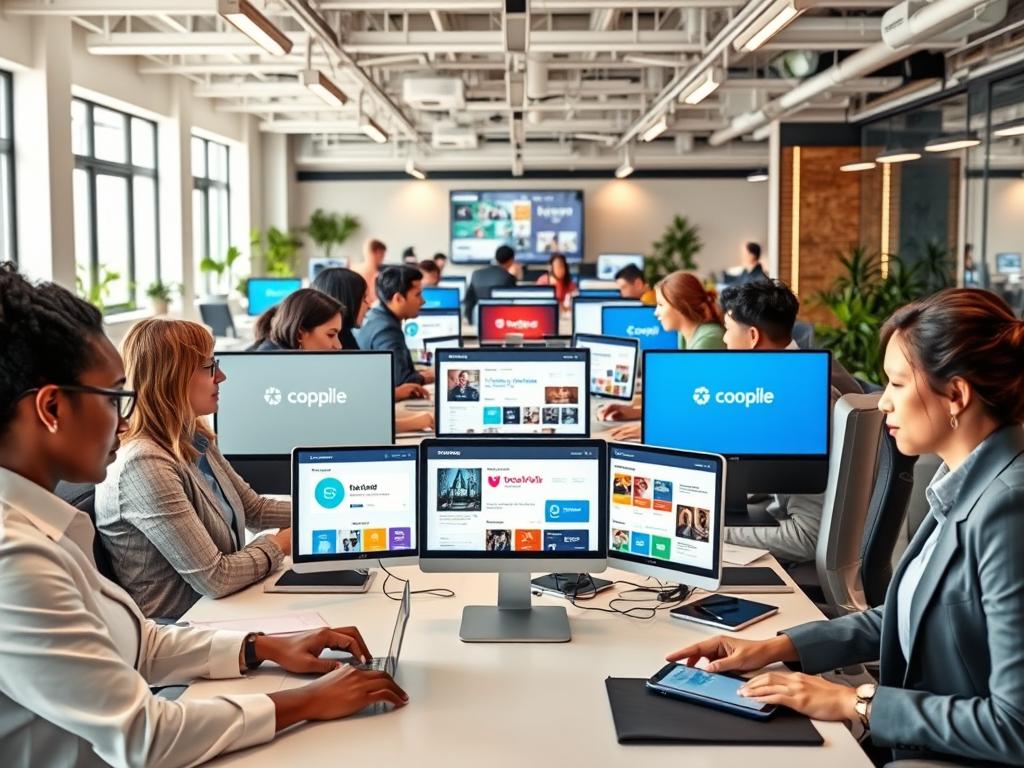 A visually engaging comparison of trusted platforms for viewing advertisements and earning money. In the foreground, feature diverse individuals in professional business attire, sitting at sleek computer desks, focused on various screens showcasing vibrant platforms for money-making ads. The middle layer includes detailed images of device screens with multiple platforms' logos and colorful ad interfaces. The background depicts a bustling modern office space with soft, ambient lighting and trendy decor, conveying a sense of productivity and collaboration. The atmosphere is optimistic and dynamic, with bright colors and an inviting mood. Use a wide-angle lens for a spacious feel, capturing both professionals and the technology they engage with in an inspiring environment.